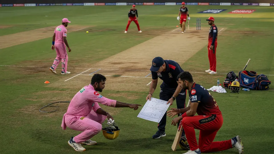 Medium tactical view of fielders set on the ring with a bowler at the top of the mark during a night match