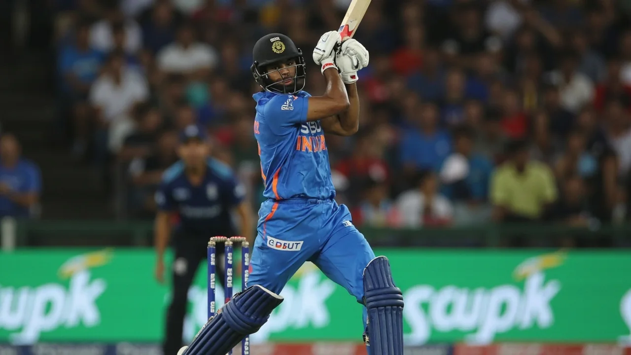 Close sideline action frame of an Indian top-order batsman playing through the leg side during a T20I innings