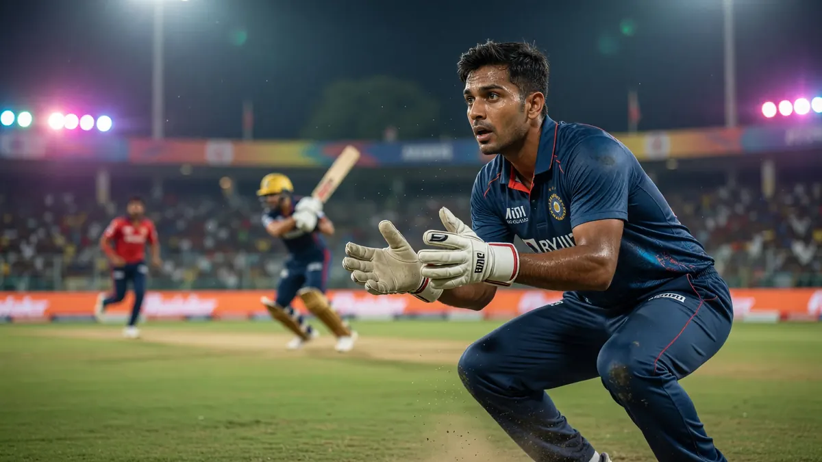 Tight sideline frame of a leg spinner releasing the ball with the bowling arm high under stadium lights