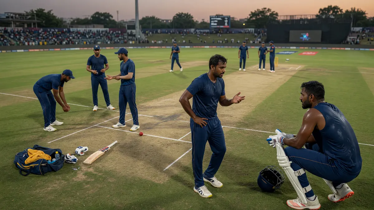 Medium tactical view of fielders set around the ring as a spinner prepares to bowl during a night match