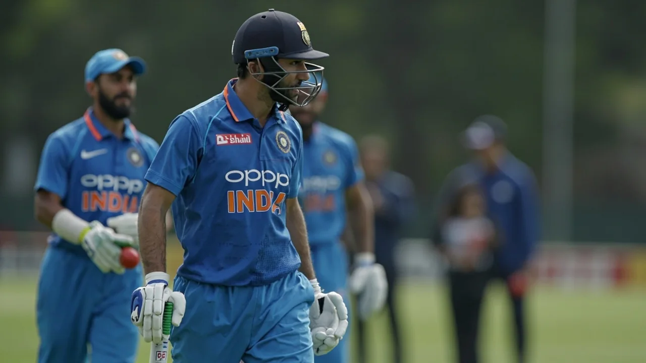 Medium tactical view of a fifty-over field placement during a drinks break, with captain and bowler in conversation near the rope