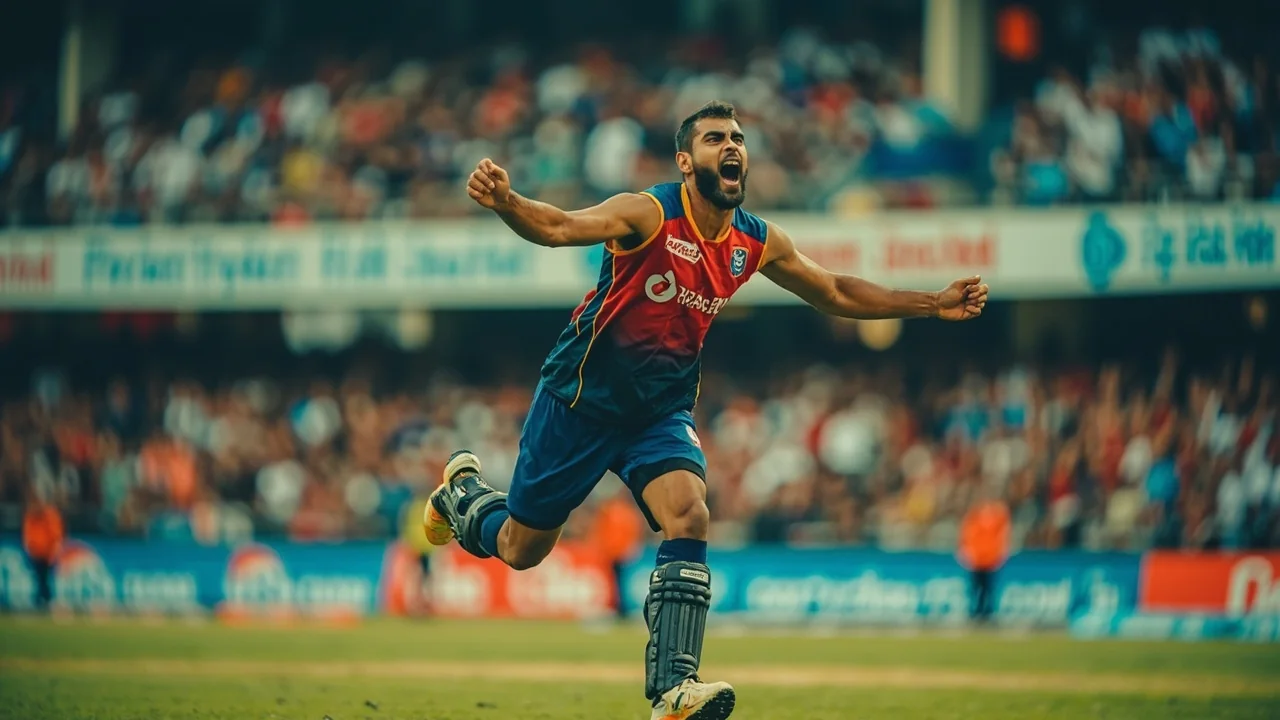 A wide establishing view of an IPL stadium under evening lights, the kind of ground that hosted Punjab Kings vs Chennai Super Kings when Prasad hit the Rs 4 crore Dream11 prize on 29 April 2025