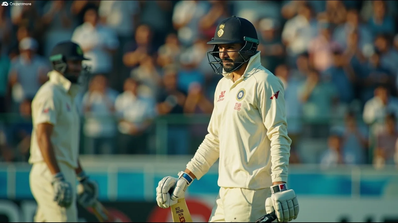 Medium tactical view of a red-ball field setup with fielders in catching positions and the captain in conversation with the bowler at the end of an over