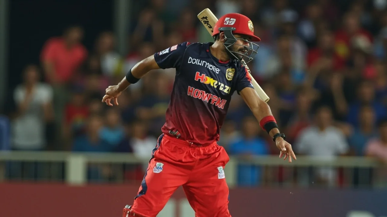 Tight sideline frame of a top-order batter driving through the off side under floodlights, the kind of high-tempo batting role that has framed Kohli's career across IPL seasons
