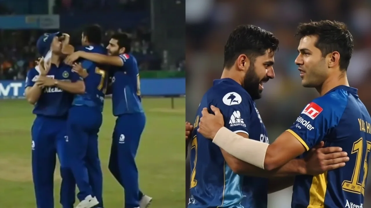 Medium tactical shot of a fielding setup with batters at the crease and the bowler running in, the kind of field placement and team interaction that defined the 2013 RCB-KKR evening at M. Chinnaswamy Stadium