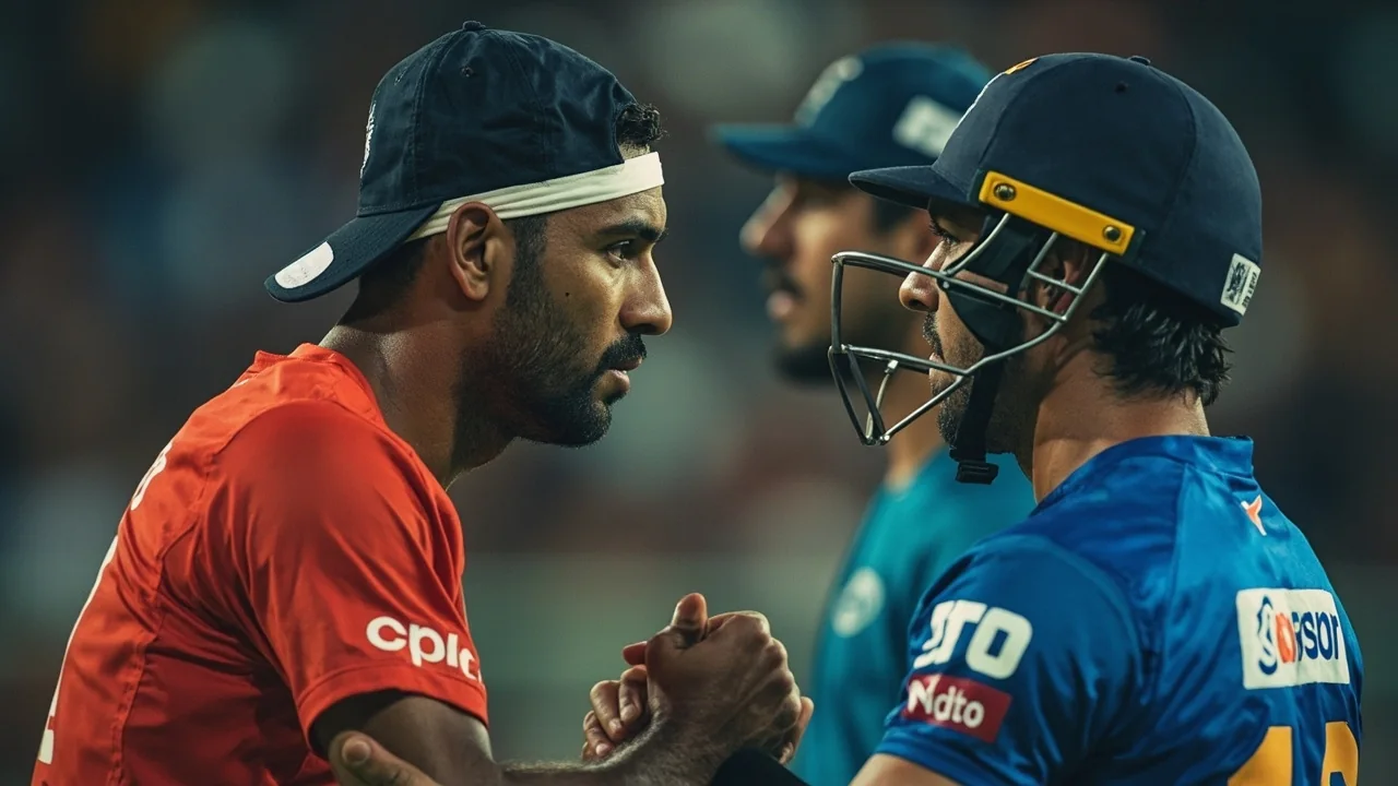 Tight sideline frame showing a batsman at the moment of contact during an IPL fixture, with the bat extended and the bowler visible in the background under stadium lighting