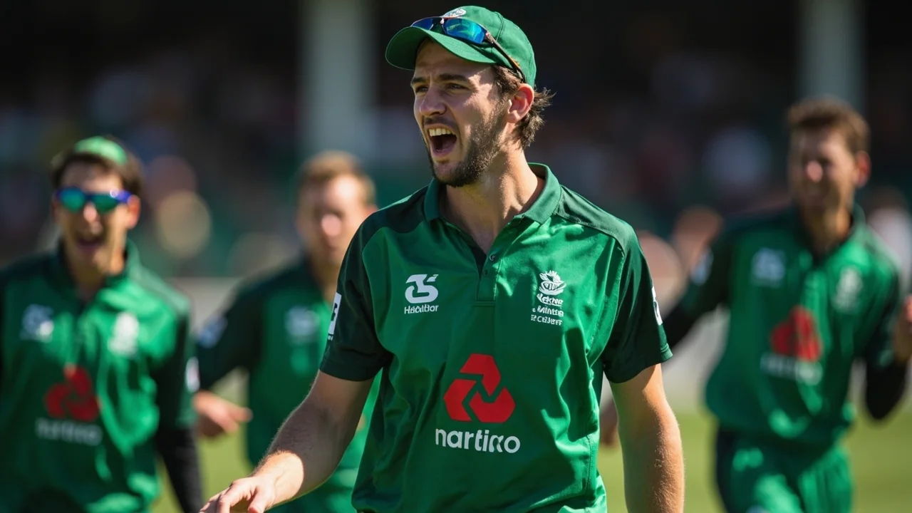 Ireland's likely batting order set in the field, viewed from mid-off, with the captain at first slip and a slip cordon in place for the new ball