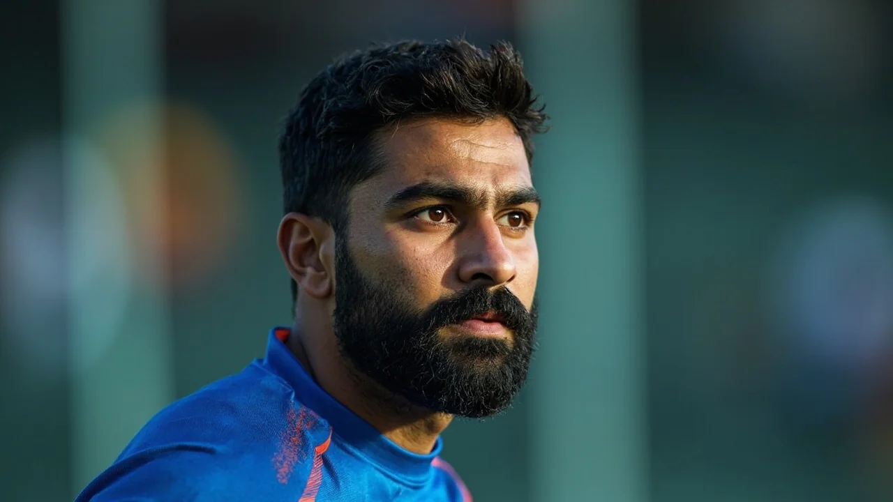 Close editorial frame of an India batter on the front foot driving through the covers, the kind of batting moment that decides the captaincy math on flat Indian decks